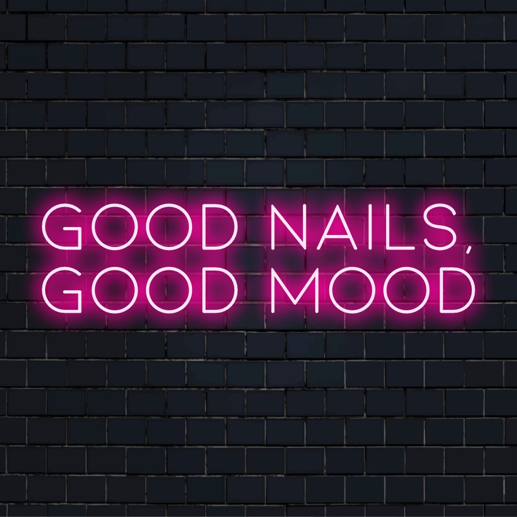 Eloisa vaaleanpunainen "Good Nails, Good Mood" LED-valokyltti, täydellinen kauneuden ystäville, jotka etsivät eloisaa sisustusta.