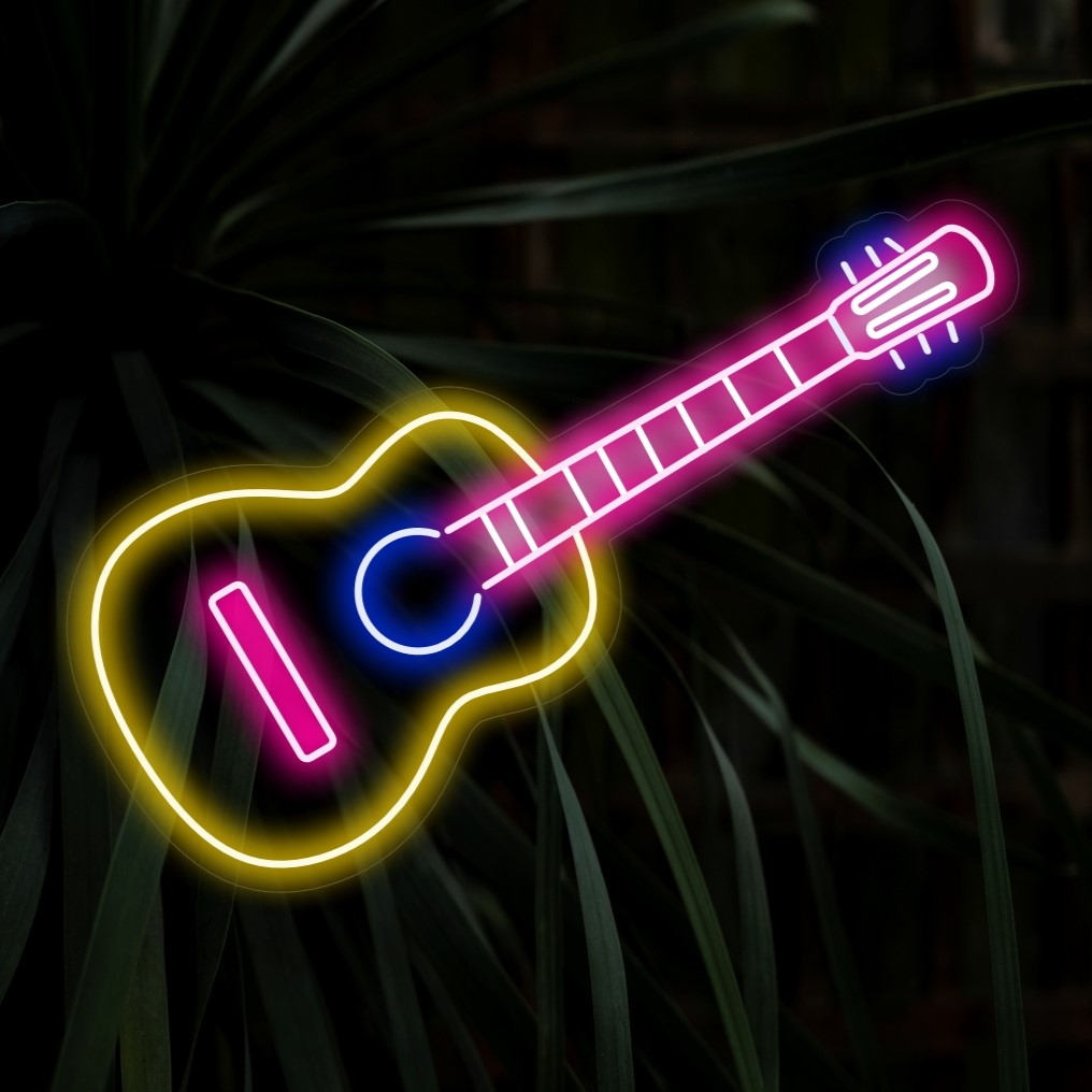 "Guitar Neon Sign" - Musiikillisen tunnelman sointu, täydellinen musiikkistudioihin ja viihdepaikkoihin ja resonoi kitaroiden ja musiikin rakkaudella.