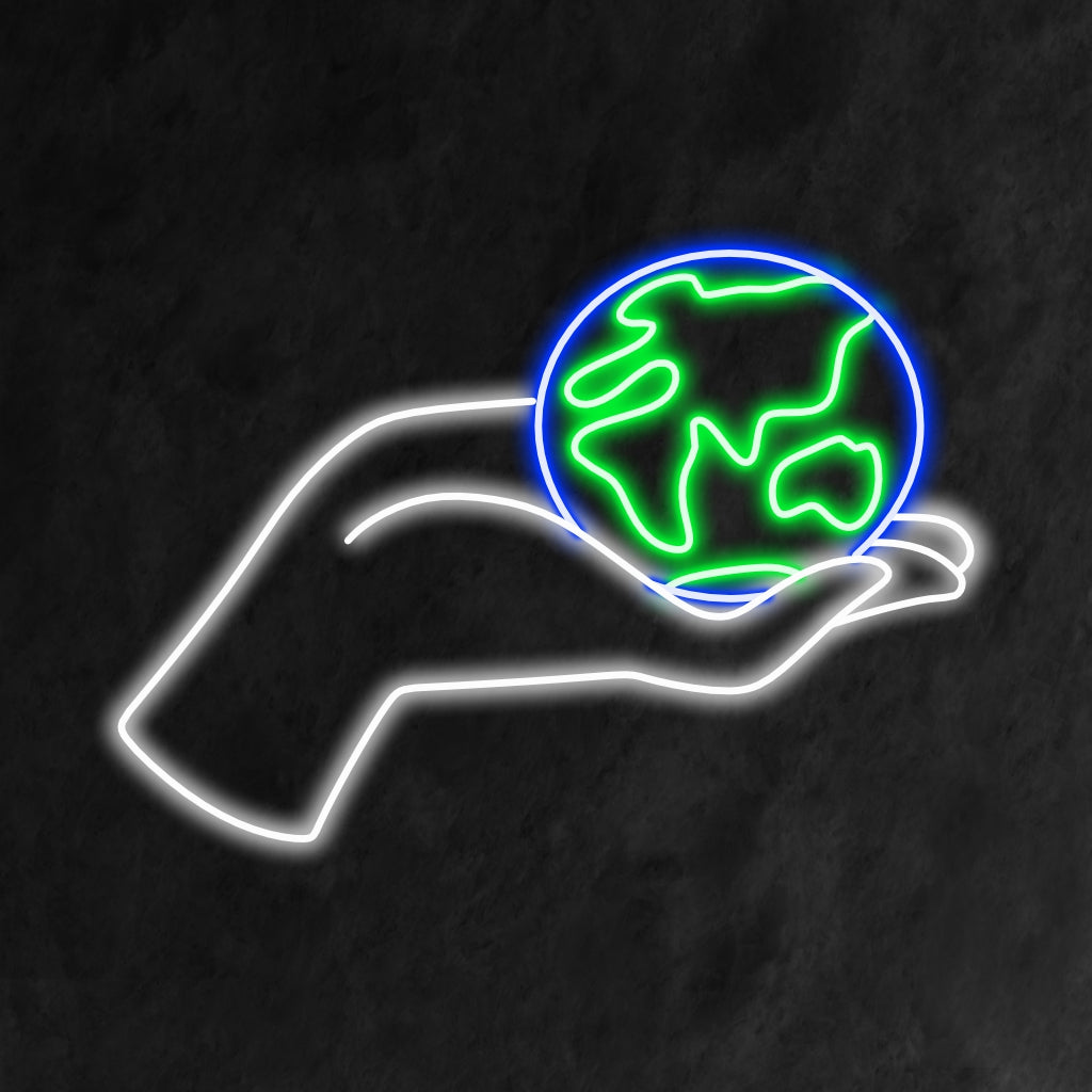 "Hand Holding the Planet Neon Sign" on ympäristöystävällinen ja vaikuttava lisä sisustukseen. Neonvalo, joka symboloi planeettasta huolehtimista ja ympäristötietoisuutta.