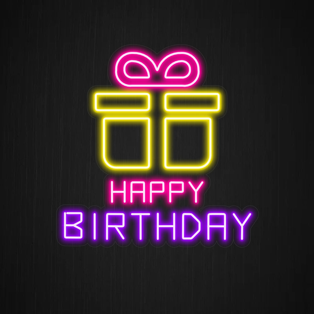 "Happy Birthday With Gift Neon Sign" - Lahjoittamisen iloa säteilevä, täydellinen syntymäpäiväjuhliin ja lahjatavarakauppoihin, joissa juhlitaan antamisen henkeä.
