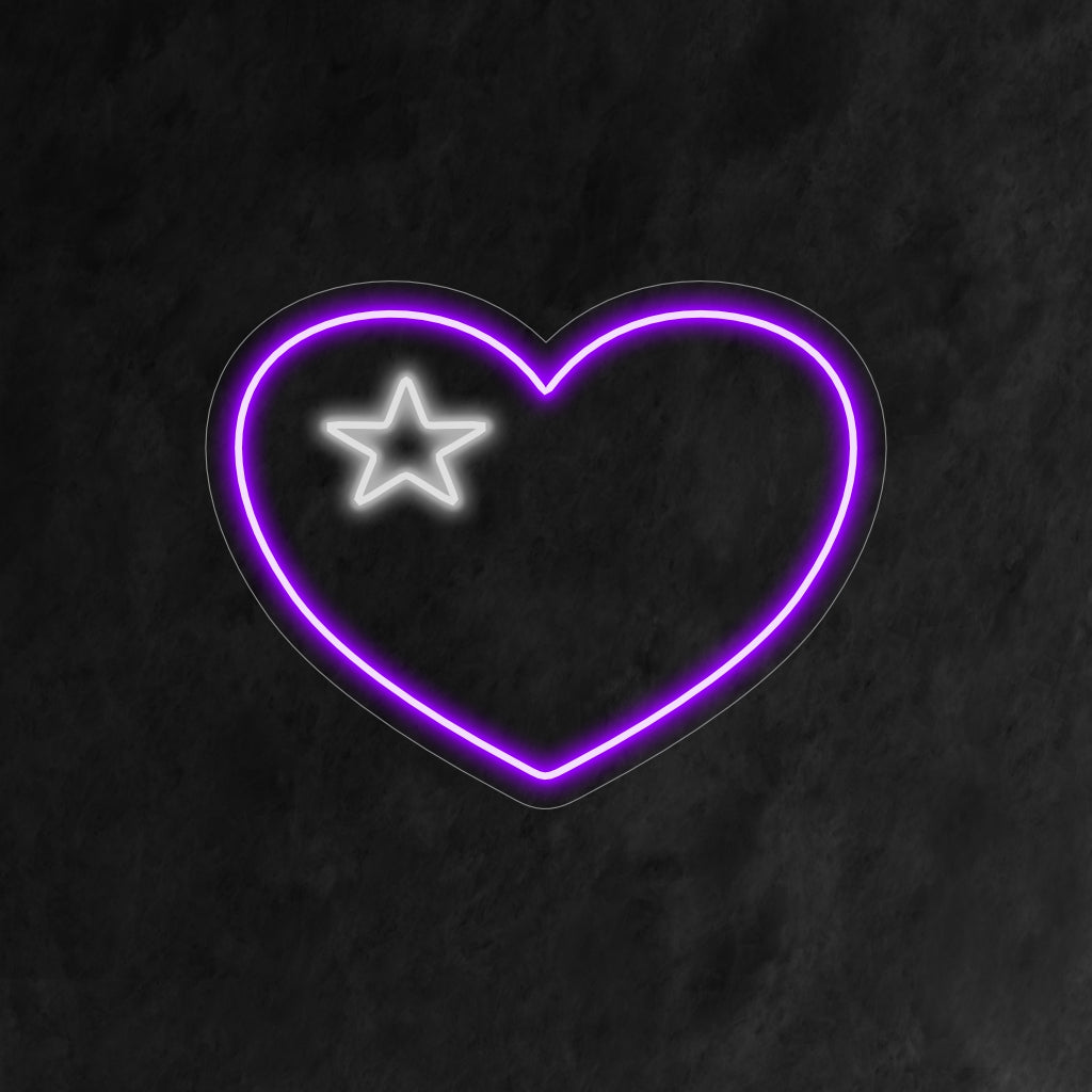 "Heart With A Star Neon Sign" - Sekoitus rakkautta ripauksella taikuutta, täydellinen tiloihin, joissa juhlitaan rakkautta ja halutaan luoda hassu ja unenomainen tunnelma.