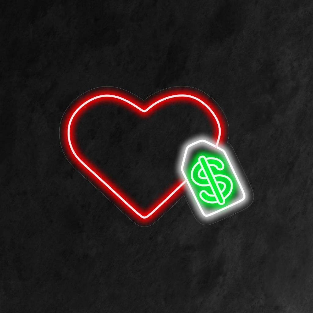 "Heart with Price Tag Neon Sign" - Lisää ripauksen leikkisää ja röyhkeää charmia, joka sopii täydellisesti kauppatiloihin, putiikkeihin tai mihin tahansa alueeseen, joka haluaa lisätä huumorintajua ostokokemukseen.