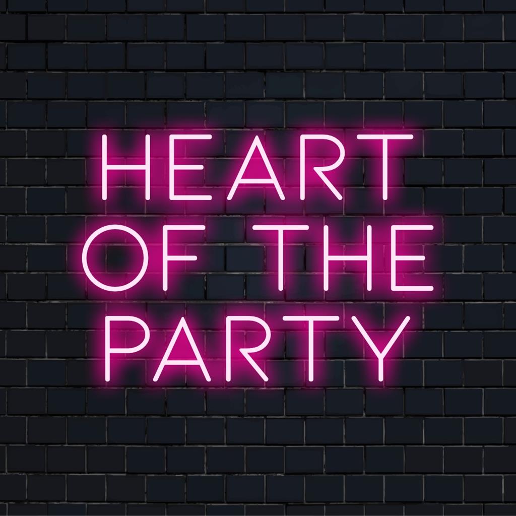 LED-neonkyltti tekstillä Hearth Of The Party, joka hehkuu kirkkaissa väreissä; täydellinen sisäseinätaiteeseen ja eloisaan sisustukseen.