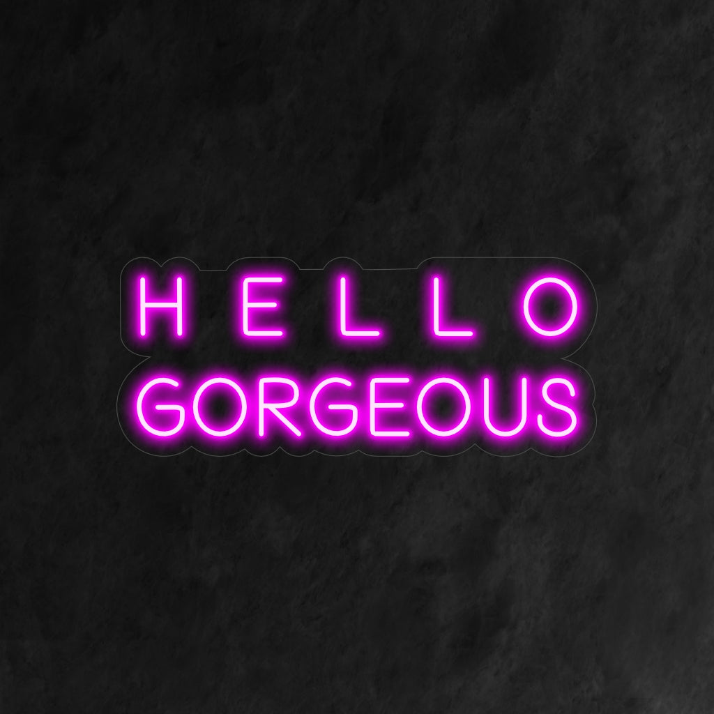 "Hello Gorgeous Neon Sign" - hohdokas ja imarteleva lisä kauneussalonkiin, putiikkeihin tai mihin tahansa tilaan, joka haluaa tervehtiä kävijöitä ripauksella eleganssia ja tyyliä.