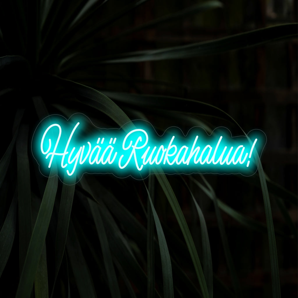 "Hyv���� Ruokahalua! Neon Sign" - Ihastuttava lisä ruokailutiloihin, jossa suomalainen ilmaus "Hyv���� Ruokahalua" luo lämpimän ja kutsuvan tunnelman luoden kutsuvan tunnelman.