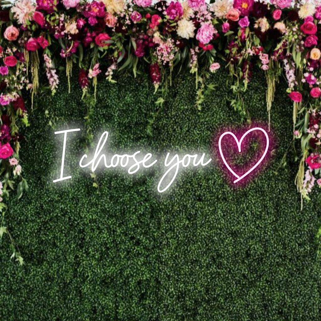 LED-neonkyltti, jossa on lause I Choose You, täydellinen tilasi personoimiseen sydämellisillä neonlainauskuvilla.