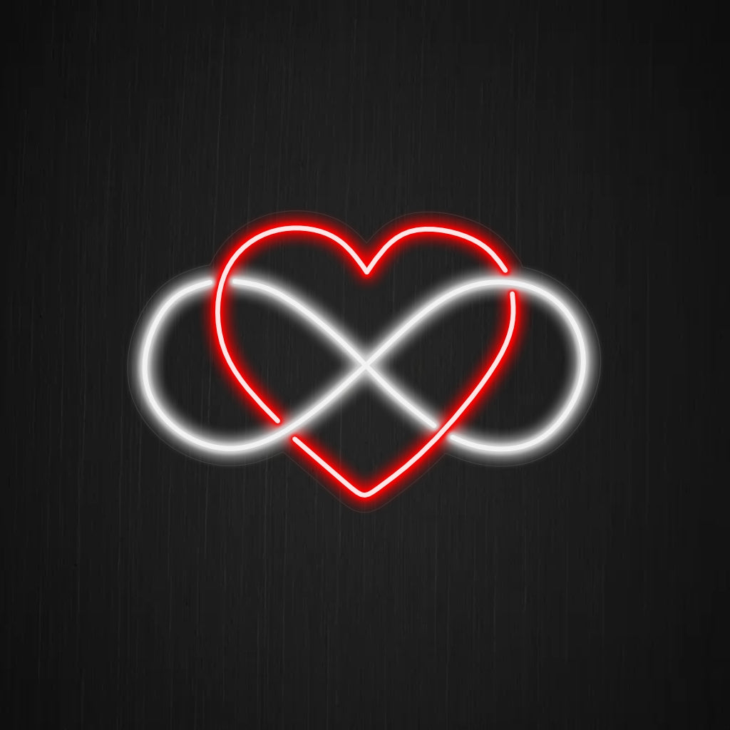 "Infinity Heart Neon Sign" - Ikuisen rakkauden symboli, tämä vangitseva neonvalo lisää romanttisen ja ajattoman kosketuksen mihin tahansa tilaan lämpimällä hehkullaan.