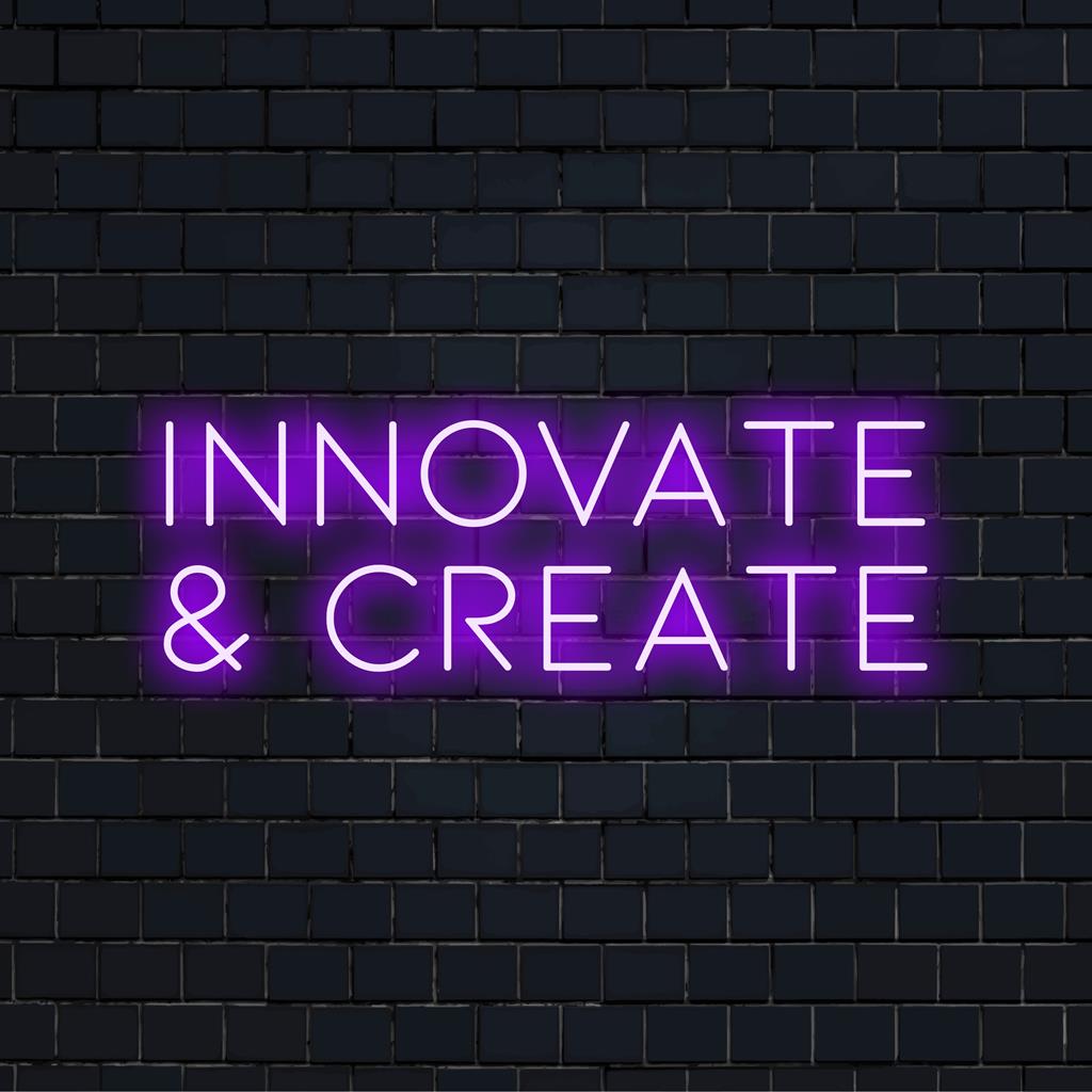 LED-neonkyltti, jossa on teksti "Innovate and Create" tyylikkäin kirjaimin, ja se on täydellinen inspiroimaan luovuutta missä tahansa tilassa.