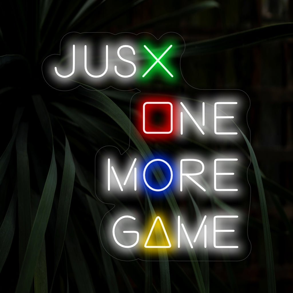 "Just One More Game Neon Sign" - Korosta pelitilaasi tällä elävällä valokyltillä, joka houkuttelee sinut sukeltamaan virtuaalimaailmaan vielä yhden pelin ajaksi.