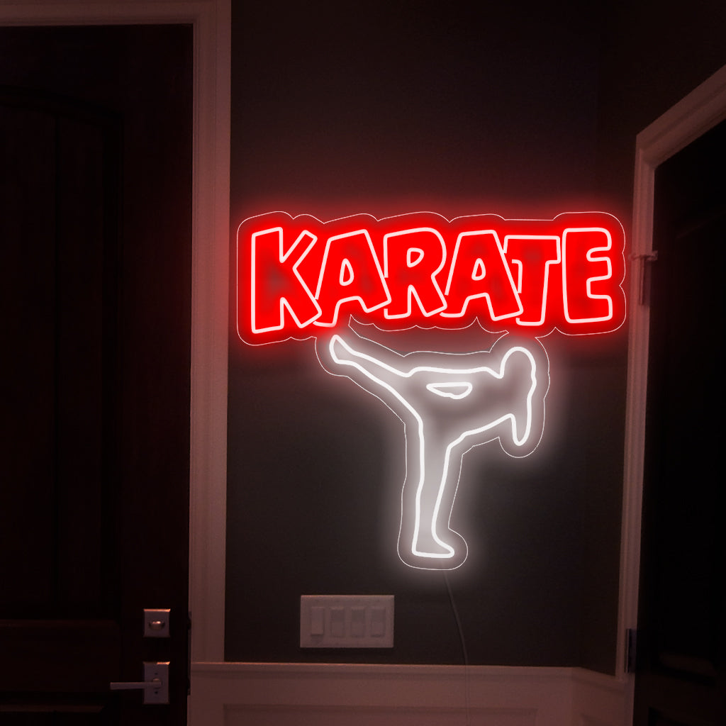 "Karate Tournament Neon Sign" - Nosta tilasi energiaa tällä valokyltillä, joka ilmentää karateturnausten dynaamista henkeä. Valaise dojoasi kilpailun hehkulla.