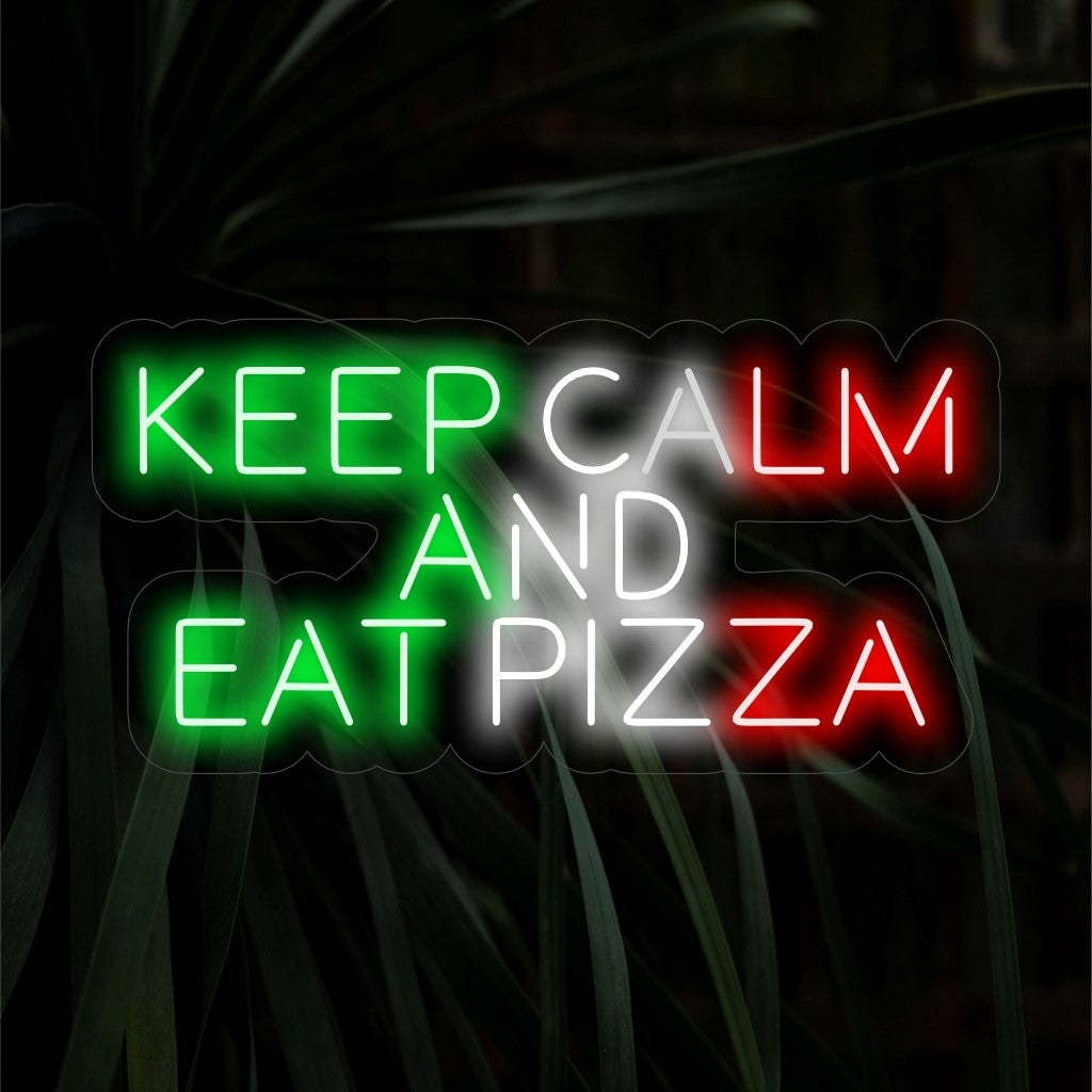 "Keep Calm And Eat Pizza Neon Sign" - Luo pizzeriaan tai keittiöön rento tunnelma tällä elävällä neonvalolla. Ihanteellinen rennon ja kutsuvan ilmapiirin luomiseen.