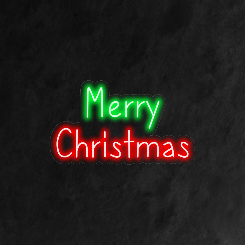 "Lettering Merry Christmas Neon Sign" on tyylikäs ja juhlava lisä loma-aiheiseen sisustukseen. Neonvalo, joka esittelee eleganttia tekstiä "Hyvää joulua".