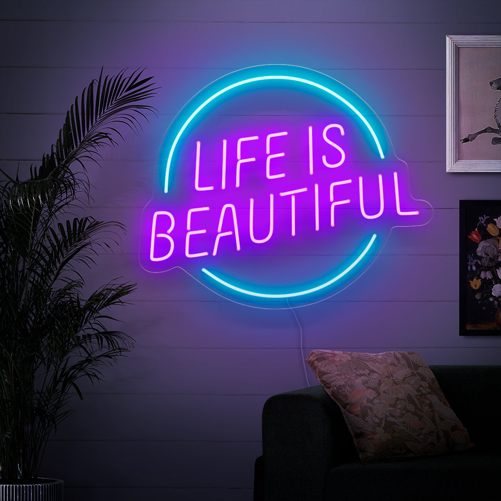 "Life is Beautiful Neon Sign" on säteilevä muistutus tällä neonvalolla, joka levittää positiivisuutta ja iloa.