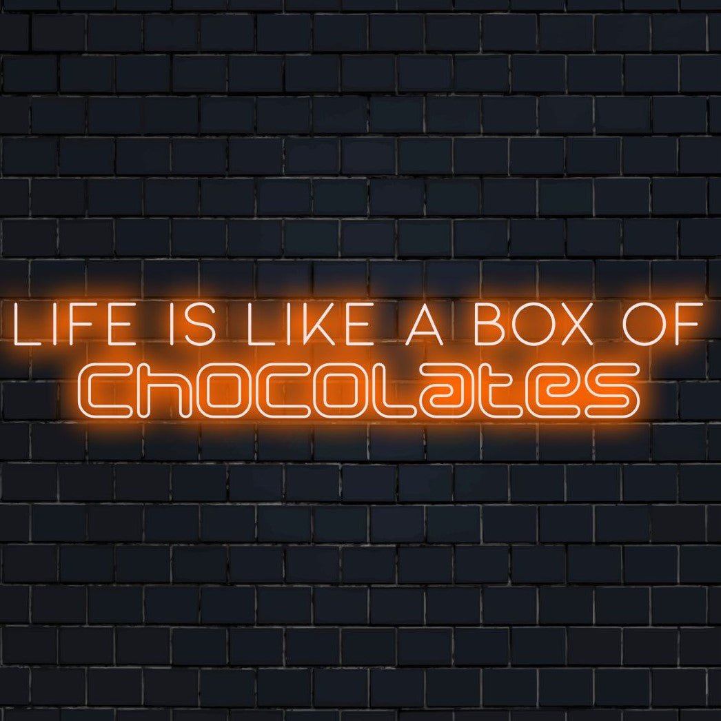 Mukautettu LED-kyltti, jossa näkyy Life Is Like A Box of Chocolates, täydellinen neonseinätaidetta ja yksilöllistä sisustusta varten.