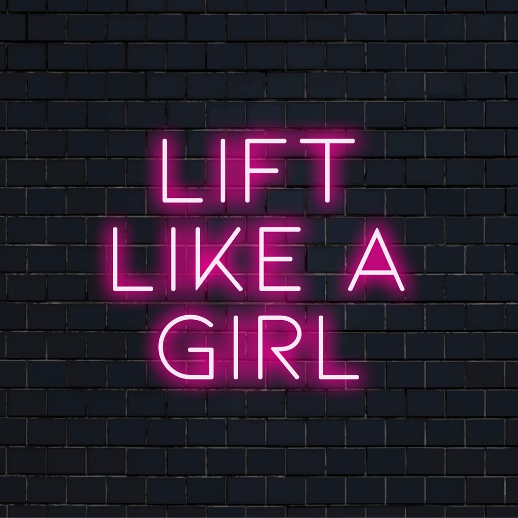 Eloisa mukautettu LED-valokyltti Lift Like A Girl -tekstillä, täydellinen inspiroiville harjoitusalueille värikkäällä neonkoristeella.