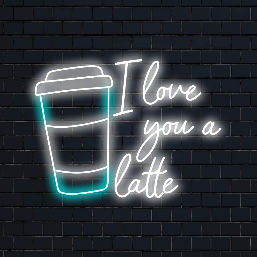Räätälöity LED-neonkyltti sanoilla Love You A Latte, joka hehkuu kirkkaissa väreissä, täydellinen ainutlaatuiseen sisustukseen.