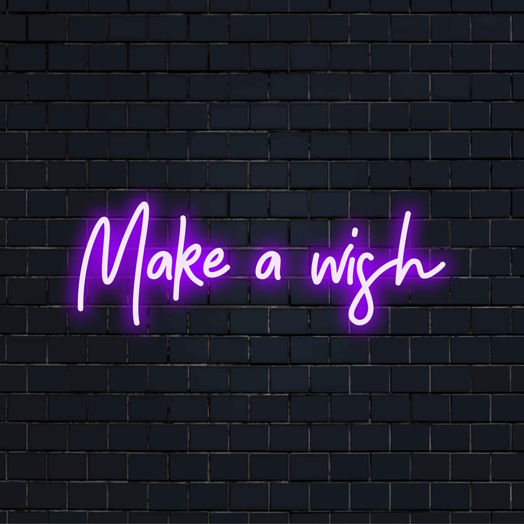 LED-valokyltti, jossa lukee Make A Wish, jossa sanat ja taide yhdistetään eloisaan sisustukseen ja yksilölliseen valaistukseen.