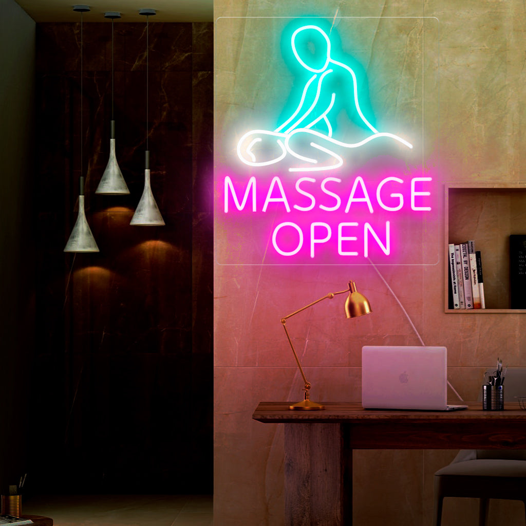 "Massage Open Neon Sign" on kutsuva ja rauhoittava lisä, joka on täydellinen ilmaisemaan avointa hierontaa tai kylpyläpalvelua. Valaise rentoutumalla ja rauhallisuudella!