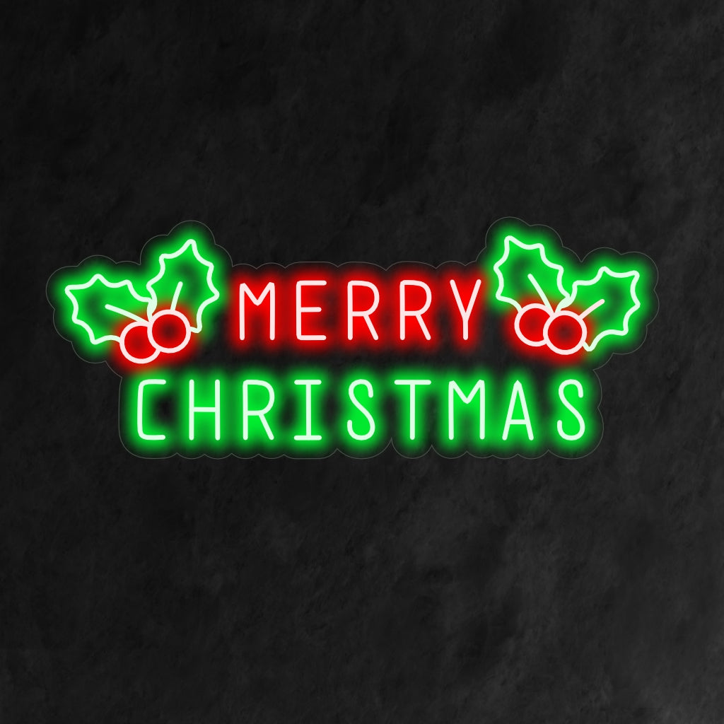 "Merry Christmas with Holly Berry Neon Sign" on juhlava ja viehättävä lisä loma-aiheiseen sisustukseen. Neonvalo, joka sisältää klassisen holly-marjojen symbolin.