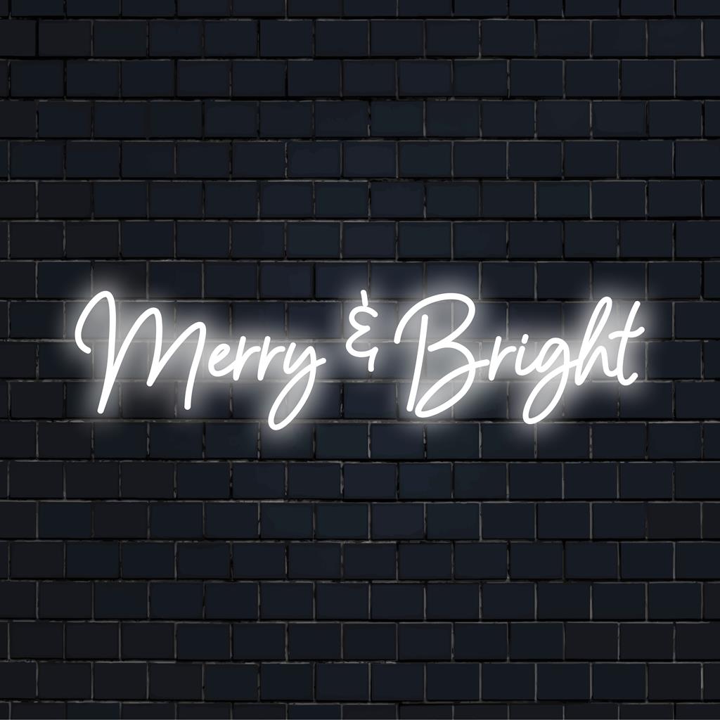 Juhlallinen "Merry And Bright" LED-valokuva, hehkuva lomatunnelma; täydellinen neonseinätaide kodin tai tapahtuman sisustukseen.