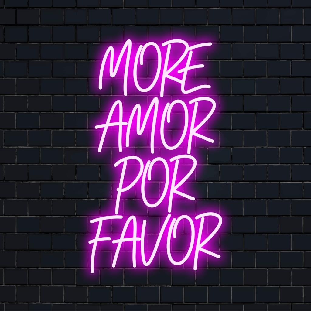 Mukautettu LED-valokyltti, jossa näkyy More Amor Por Favor tyylikkäässä käsikirjoituksessa; täydellinen yksilölliseen seinäkoristeluun.