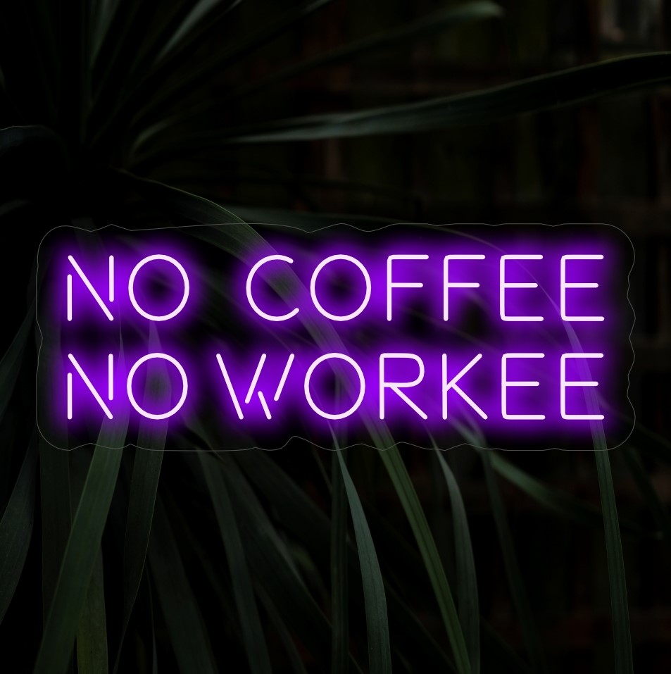 "No Coffee No Workee Neon Sign" on leikkisä ja humoristinen lisäys, joka sopii täydellisesti kahvin ystäville ja tiloihin, joissa on kevyt tunnelma. Valaise kahvin inspiroimalla hauskalla!