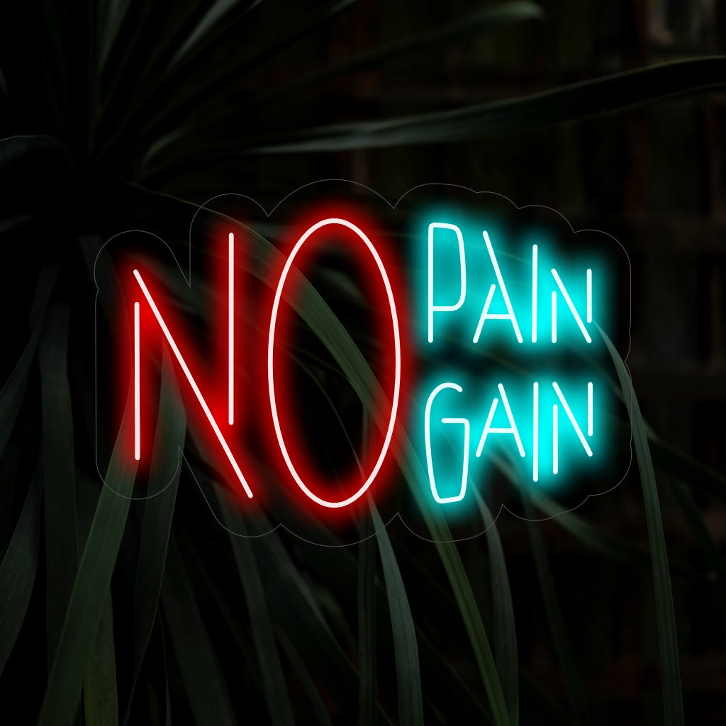 "No Pain No Gain Neon Sign" on energisoiva ja määrätietoinen lisäys, joka on täydellinen tiloihin, jotka kannustavat ylittämään rajoja. Valaise edistymisen ajattelutavalla!