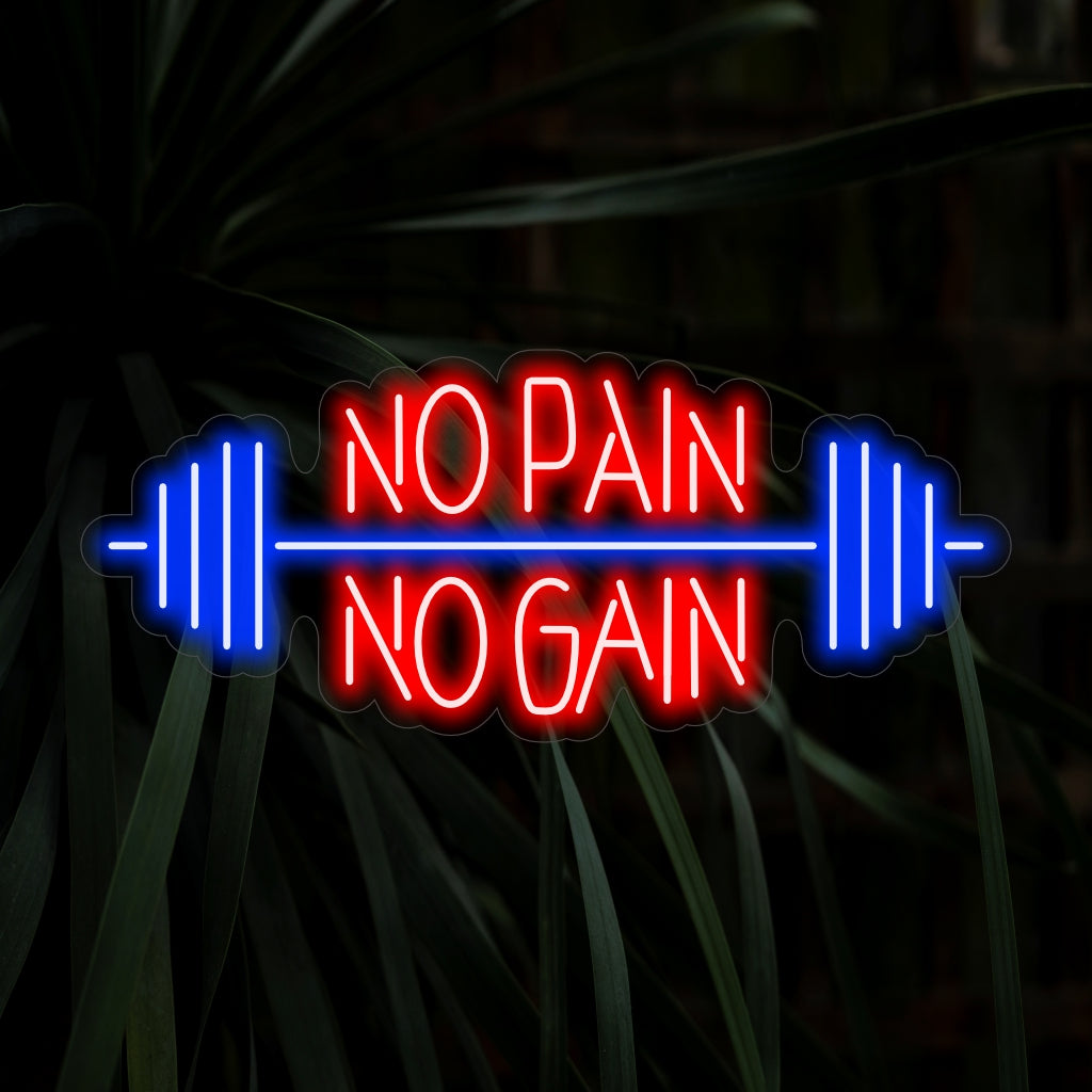 "No Pain No Gain Neon Sign" on motivoiva ja energinen lisä, joka on täydellinen kuntoilutiloihin ja -alueille, jotka kannustavat kovaan työhön ja sinnikkyyteen. Valaise päättäväisesti!
