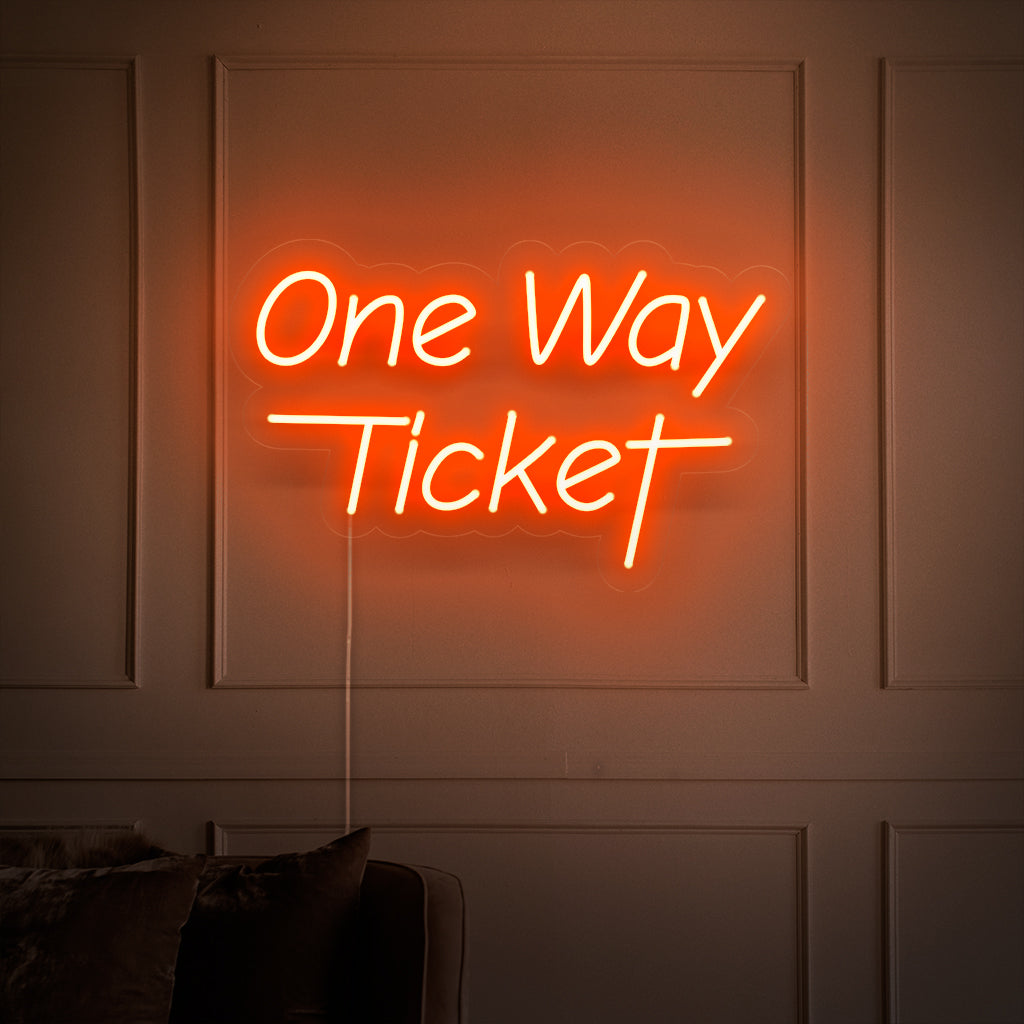 "One Way Ticket Neon Sign" on seikkailunhaluinen ja vaeltamisen inspiroima lisäys, joka on täydellinen tiloihin, joissa juhlitaan tutkimisen jännitystä. Valaise yksisuuntaisen matkan hengellä!