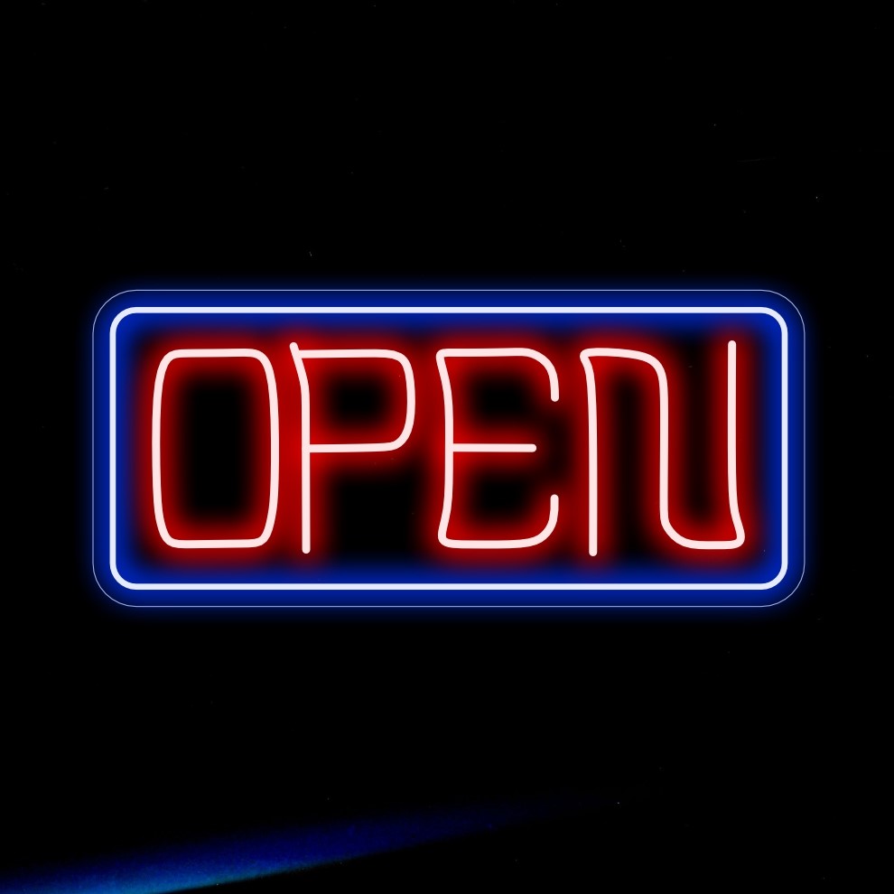 "Open Neon Sign" on vieraanvaraisuuden majakka, joka sopii täydellisesti tiloihin, jotka toivottavat vieraat lämpimästi ja avoimiksi. Valaise ystävällisellä ja kutsuvalla auralla!