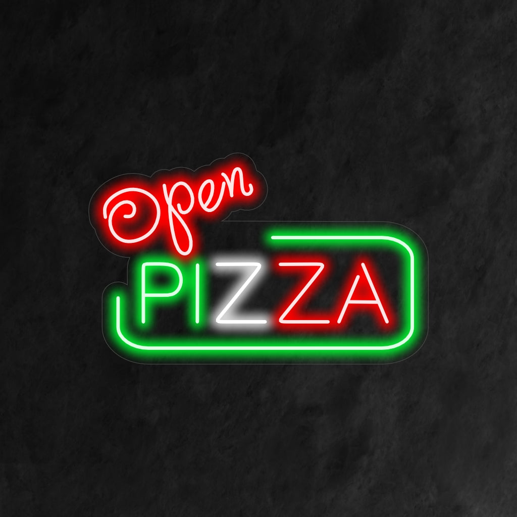 "Open Pizza Neon Sign" on suolainen ja vastustamaton lisäys, joka sopii täydellisesti pizzerioihin, jotka avaavat ovensa pizzan ystäville. Valaise tuoreen leivonnaisen tuoksulla!