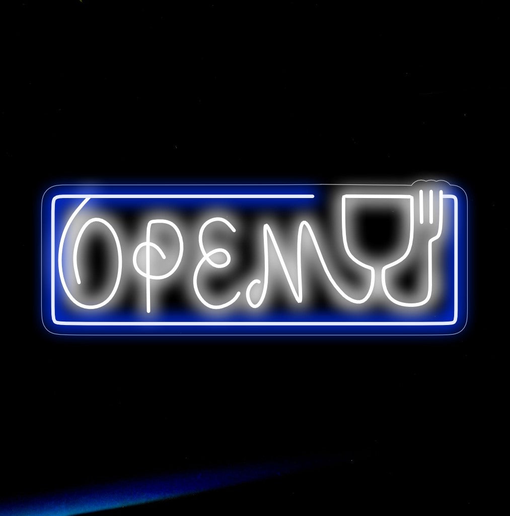 "Open with Fork and Glass Neon Sign" on gourmet- ja hienostunut lisäys, joka sopii täydellisesti ravintoloihin, jotka kutsuvat vieraat nauttimaan herkullisista ruokailuelämyksistä. Valaise lupauksella kulinaarisista nautinnoista!