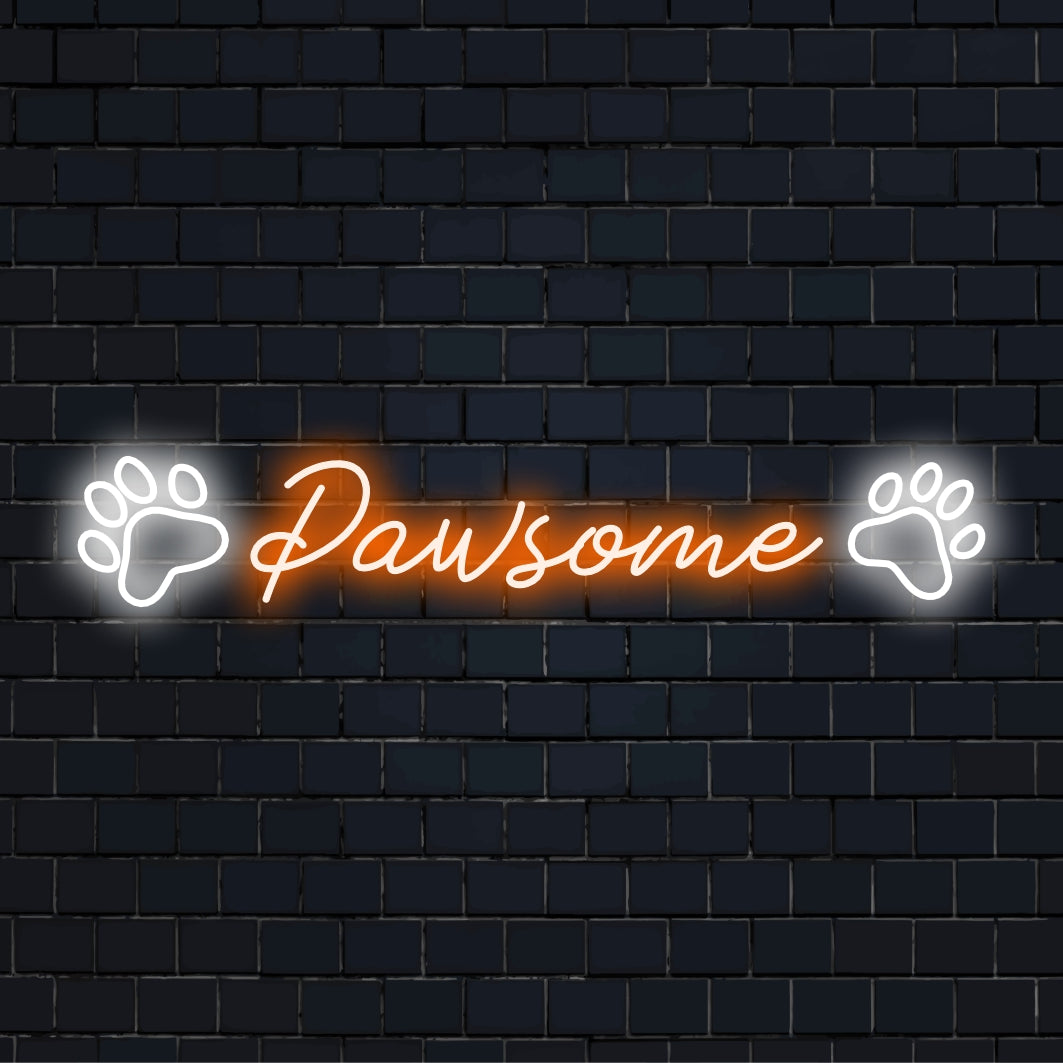 Mukautettu LED-neonkyltti nimeltä Pawsome, tyylitelty lemmikkien ystäville; siinä on elävä neonväri ja tassun muotoilu.