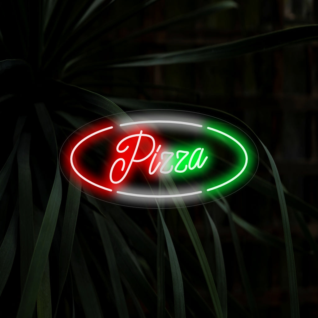 "Pizza Neon Sign" on suolainen ja ikoninen lisä, joka sopii täydellisesti tiloihin, joissa arvostetaan pizzan herkkua. Valaise klassisen suosikin herkullinen tuoksu!