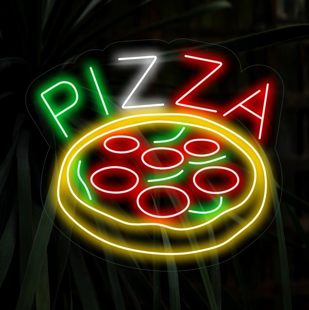 "Pizza Neon Sign" on herkullinen ja ikoninen lisäys, joka on ihanteellinen pizzerioille ja pizzan ystäville. Valaise vastaleivotun piirakan suussasulavalla viehätysvoimalla!