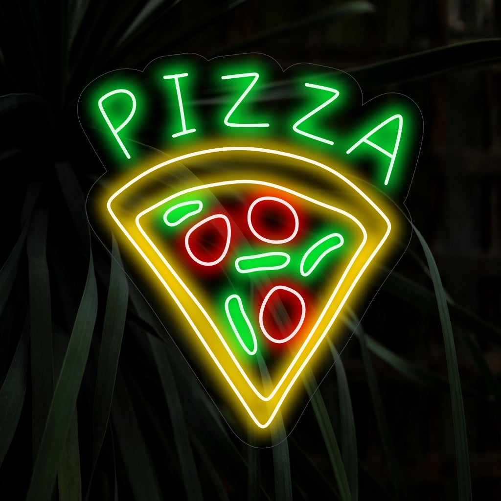 "Pizza Slice Neon Sign" on herkullinen lisä, joka sopii täydellisesti pizzerioille ja pizzan ystäville. Valaise yhden viipaleen vastustamattomalla viehätysvoimalla!