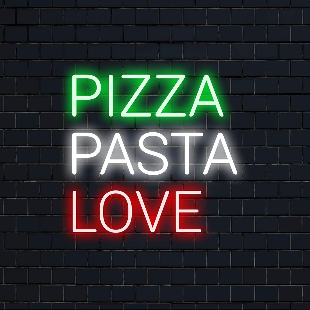 Mittatilaustyönä valmistettu LED-valokyltti, joka esittelee Pizza Pasta Love -kuvaa elävällä, värikkäällä hehkulla; täydellinen ainutlaatuiseksi neonseinän koristeeksi.