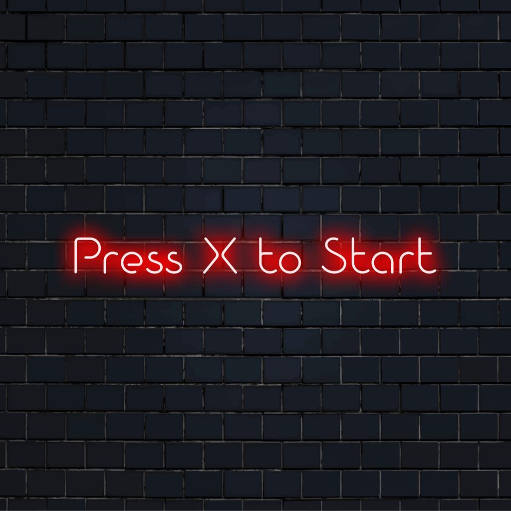 Mukautettu LED-valokyltti Press X to Start -designilla, jossa on elävää neontaidetta ainutlaatuiseen sisäsisustukseen.