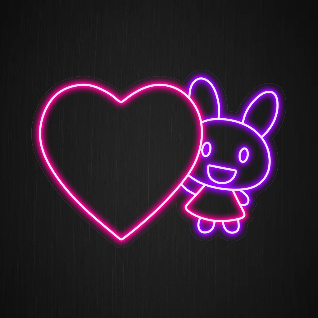 "Rabbit with Big Heart Neon Sign" on sydäntä lämmittävä lisäys, joka sopii täydellisesti tiloihin, joissa juhlitaan kanien rakkautta ja suloisuutta. Valaise suurisydämisen kanin lämmöllä!