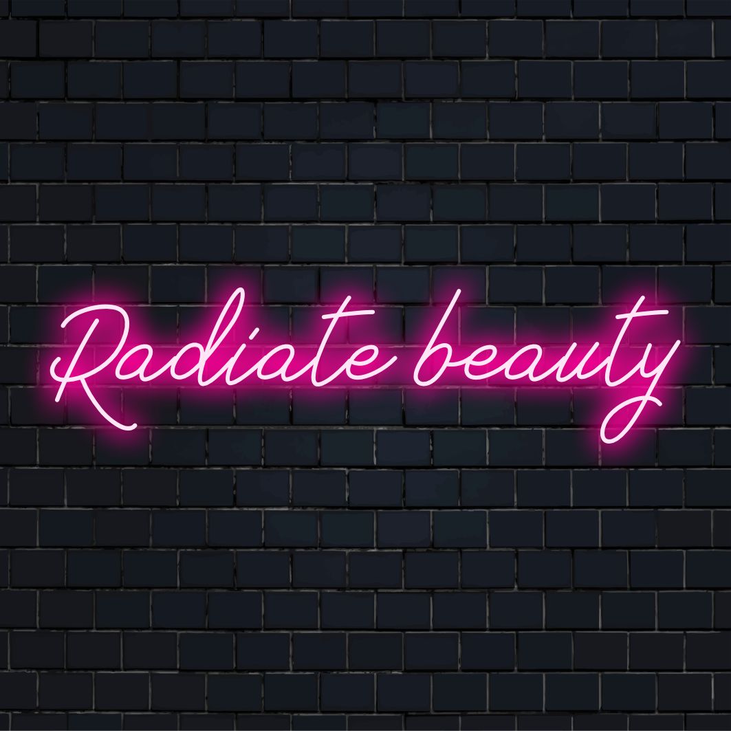 Art Neon -brändin mittatilaustyönä valmistettu LED-valokyltti, jossa on ilmaus Radiate Beauty eloisissa neonväreissä.