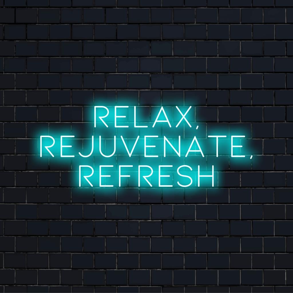 Mukautettu LED-valokuva Relax Rejuvenate Refresh, täydellinen eloisaan ja rauhalliseen seinäkoristeeseen.