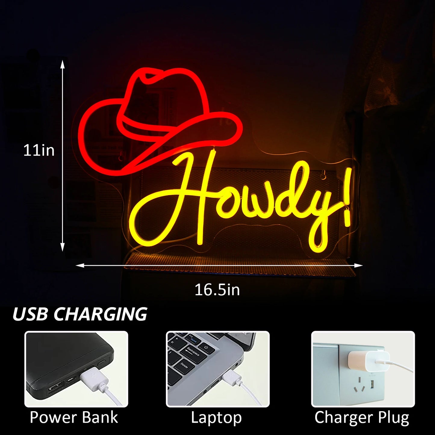 Howdy Cowboy-hattu 5V USB Led Neon Kyltti - Edullinen