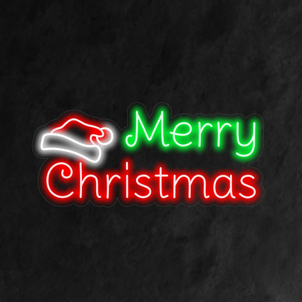"Santa Claus Hat Merry Christmas Neon Sign" on leikkisä ja juhlava lisä loma-aiheiseen sisustukseen. Neonvalo, jossa on ikoninen Joulupukin hattu.