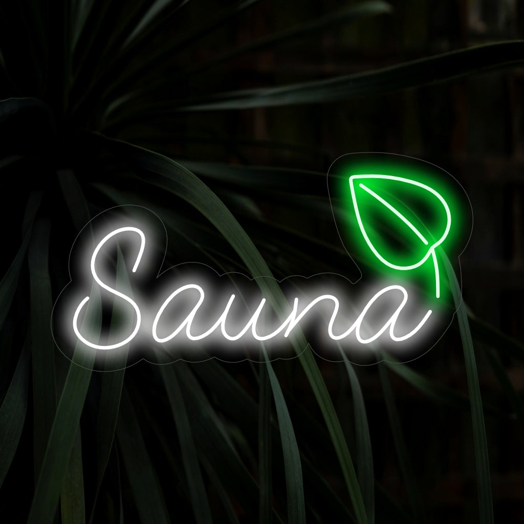 "Sauna and Leaf Neon Sign" säteilee rauhallisuutta rauhoittavalla muotoilullaan ja lisää kutsuvan ja luonnollisen kosketuksen kylpylä- tai wellness-sisustukseen.