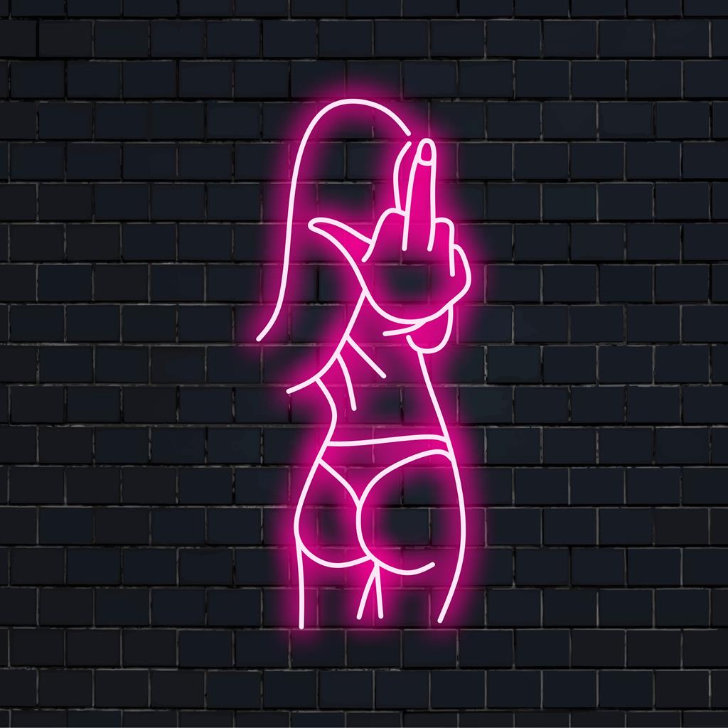 Mittatilaustyönä valmistettu Sexy Bad Girl LED-valokyltti, jossa on rohkea keskisormi, sopii täydellisesti särmäiseen neonvalaisimiin.