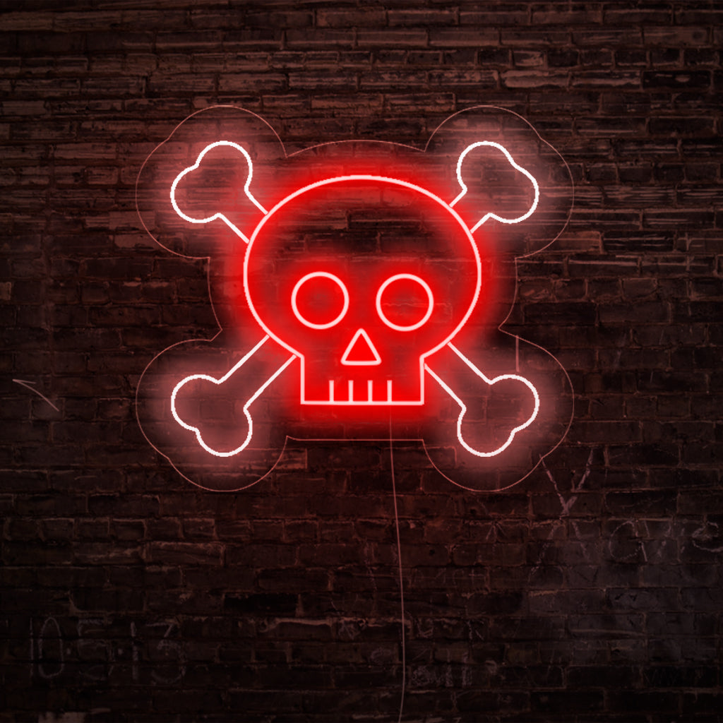 "Skull and Bones Neon Sign" lisää rohkeaa ja särmäävää kosketusta ikonisilla kuvillaan ja luo voimakkaan hehkun kapinallisen ja dramaattisen tunnelman luomiseksi tilaan.