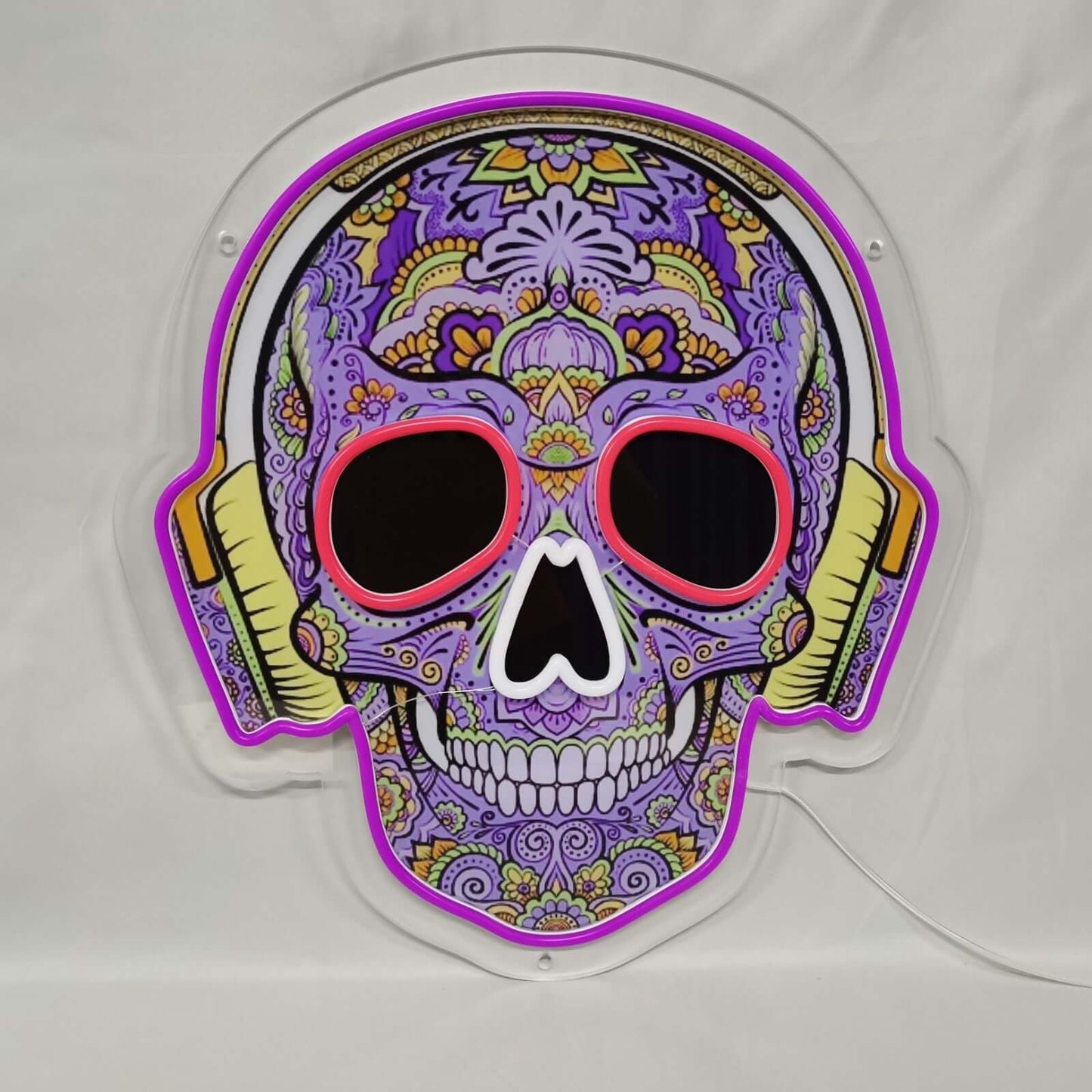 Pääkallo kuulokkeilla UV-tuloste LED-valokyltti - Art Neon