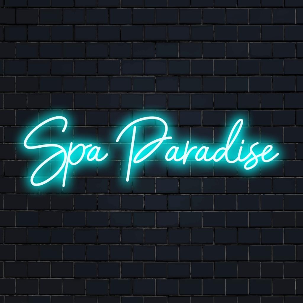 Eloisa mittatilaustyönä valmistettu LED-valokyltti nimeltä Spa Paradise, joka on täydellinen parantamaan rentouttavia tiloja rauhoittavalla neon-auralla.