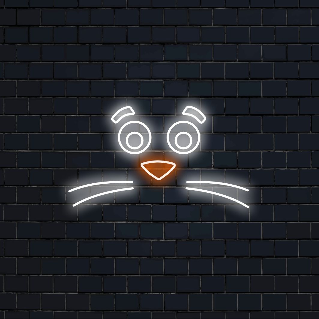 "Eläimen kasvot viiksillä neonkyltti" lisää oikeita leikkisä muotoilunsa luoden omituisen hehkun, joka tuo huumoria ja luonnetta tilaan.