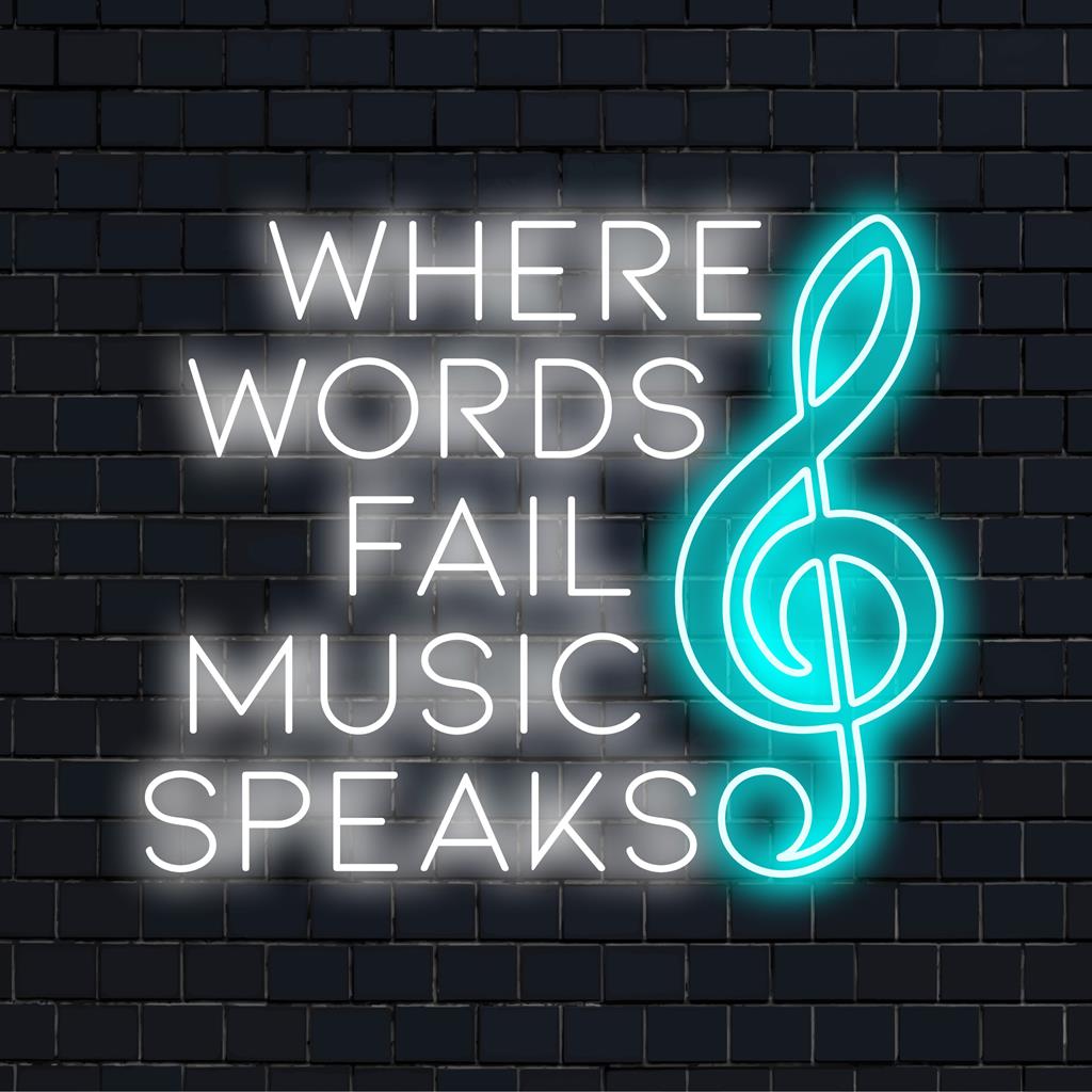 Valaistu viesti hehkuvissa LED-valoissa: Missä Words Fail Musiikki puhuu. Vangitseva neonkyltti syvällä, ilmeikkäällä muotoilulla.